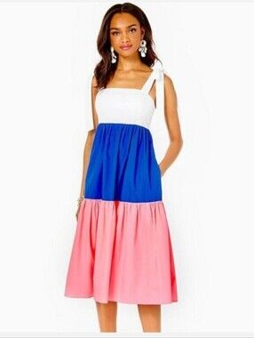 Lilly Pulitzer Anlee Colorblock Tiered Cotton Midi Dress Borealis Sz 4